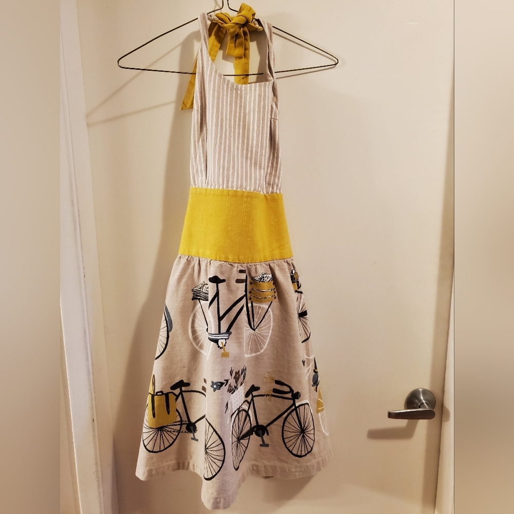 Striped Bicycle Print Apron with Yellow Accent
